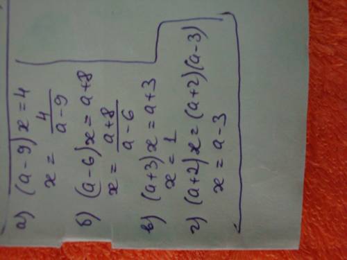 A) (a-9)x=4 б) (a-6)x=a+8 в) (a+3)x=a+3 г) (a+2)x=(a+2)(a-3) решите !