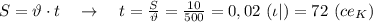 S=\vartheta \cdot t \ \ \ \rightarrow \ \ \ t= \frac{S}{\vartheta} = \frac{10}{500} =0,02 \ (\iota |)=72 \ (ce_K)