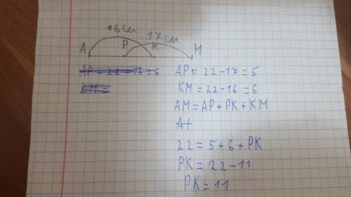 На отрезке ам равным 22 см отметили точку к, такую что ак равно 16 см и точку р что рм равно 17 см.