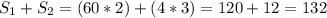 S_{1} + S_{2} = (60*2) + (4*3) = 120 +12= 132