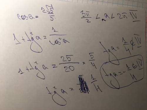 Найти tg a, если cos a = 2 * на корень из 5 / 5 и a принадлежит (( 3 * пи / 2 ) / (2 пи )
