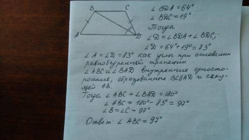 Втрапеции abcd, ab = cd, угол bda = 64, угол bdc = 19, найдите угол abc