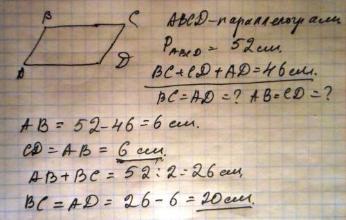 С. периметр параллелограмма равен 52 см. сумма длин трех сторон ровна 46 см. найдите стороны паралле