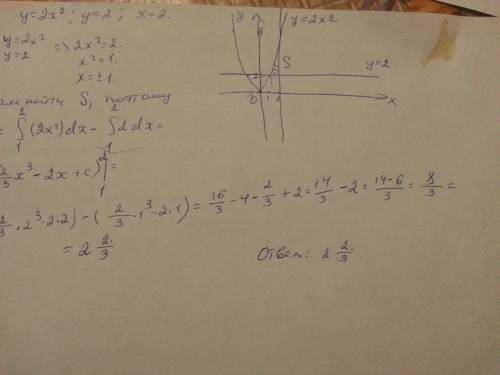 Найти площадь фигуры ограниченной линиями y=2x^2 y =2. x=2