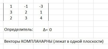 Компланарны ли векторы adc? a={1; -1; -3}b={3; 2; 1}c={2; 3; 4}