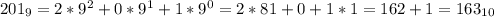 201_9=2*9^2+0*9^1+1*9^0=2*81+0+1*1=162+1=163_{10}