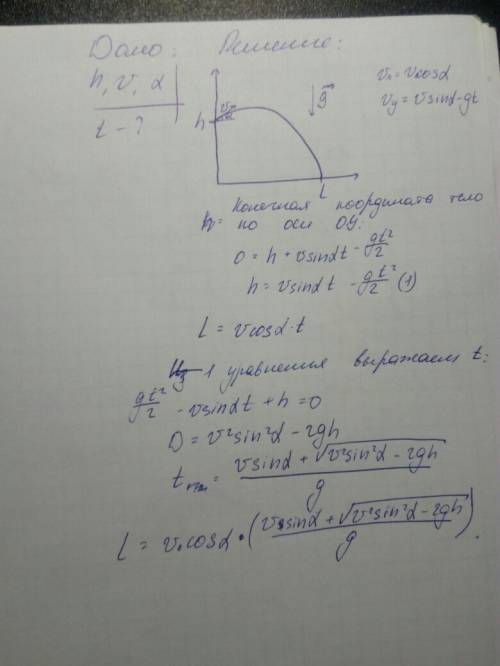 Найдите дальность полета камня, брошенного с начальной скоростью v под углом α к горизонту с обрыва