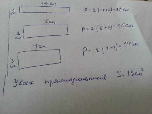 Начерти несеолько прямоугольников, площадь каждого из которых равна 12см2. найди периметры этих прям