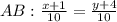 AB: \frac{x+1}{10} = \frac{y+4}{10}