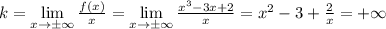 \[k=\mathop{\lim }\limits_{x\to \pm \infty } \frac{f\left(x\right)}{x} =\mathop{\lim }\limits_{x\to \pm \infty } \frac{x^{3} -3x+2 }{x} =x^{2} -3 + \frac{2}{x}=+\infty \]