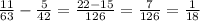 \frac{11}{63} - \frac{5}{42} = \frac{22-15}{126} = \frac{7}{126} = \frac{1}{18}