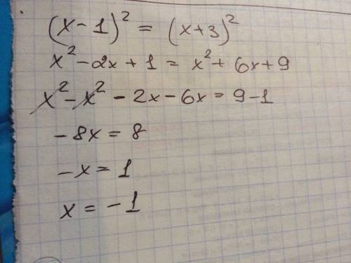 Найдите корень уравнения (x-1)^2 = (x+3)^2