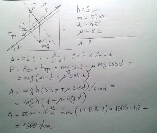 Какую работу нужно совершить, чтобы поднять на высоту 2 м. груз массой 50 кг , двигая его по наклонн