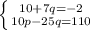 \left \{ {{10 + 7q = -2} \atop {10p - 25q = 110}} \right.