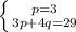 \left \{ {{p = 3} \atop {3p + 4q = 29}} \right.