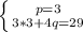 \left \{ {{p = 3} \atop {3 * 3 + 4q = 29}} \right.