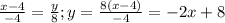 \frac{x - 4}{-4} = \frac{y}{8}; y=\frac{8(x-4)}{-4}=-2x+8