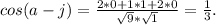 cos(a-j)= \frac{2*0+1*1+2*0}{ \sqrt{9}* \sqrt{1} } = \frac{1}3} .