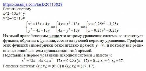 Решить систему x^2=13x+4y y^2=4x+13y