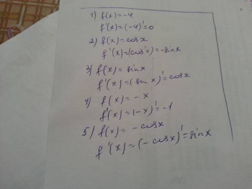 Найти производную: 1. f(x)=-4 2. f(x)=cosx 3. f(x)=sinx 4. f(x)=-x 5. f(x)=-cosx