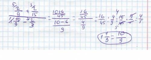 На тему многоэтажные дроби вычеслите б)2/9+2/15 серидина черта и внизу уже там 1 1/9-2/3.