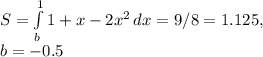 S= \int\limits^1_b {1+x-2x^2} \, dx =9/8=1.125, \\ b=-0.5