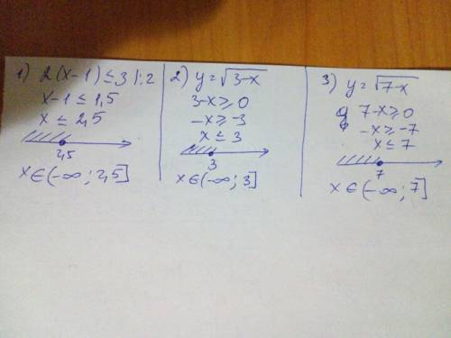 Буду признательна если кто-то 1) 2(х-1)≤3, 2) найдите область определения функции y=√3-х 3)﻿найдите