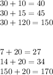 30+10=40 \\ &#10;30+15=45 \\ 30+120=150 \\ \\ \\ 7+20=27 \\ 14+20=34 \\ 150+20=170