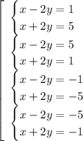 \left[\begin{array}{l} \begin{cases}&#10;x-2y=1 \\ &#10;x+2y=5 &#10;\end{cases} \\&#10;\begin{cases}&#10;x-2y=5 \\ &#10;x+2y=1\end{cases}&#10;\\\begin{cases}&#10;x-2y=-1\\ &#10;x+2y=-5&#10;\end{cases} \\\begin{cases}&#10;x-2y=-5\\ &#10;x+2y=-1 &#10;\end{cases}&#10; \end{array}\right.