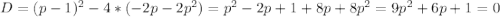 D=(p-1)^2-4*(-2p-2p^2)=p^2-2p+1+8p+8p^2=9p^2+6p+1=0