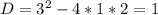 D=3^2-4*1*2=1