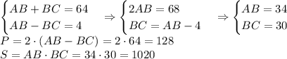 \begin{cases}AB+BC=64\\AB-BC=4\end{cases}\Rightarrow\begin{cases}2AB=68\\BC=AB-4\end{cases}\Rightarrow\begin{cases}AB=34\\BC=30\end{cases}\\P=2\cdot(AB-BC)=2\cdot64=128\\S=AB\cdot BC=34\cdot30=1020