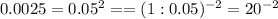 0.0025=0.05^2==(1:0.05)^{-2}=20^{-2}