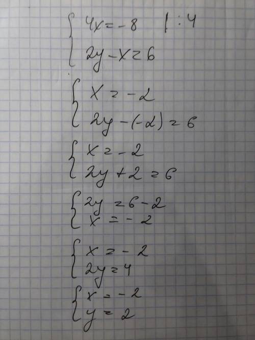 Решите систему линейных уравнений {4x=-8 {2y-x=6