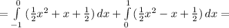 =\int\limits^0_{-1} {(\frac{1}{2}x^2+x+ \frac{1}{2})} \, dx +\int\limits^1_0 {( \frac{1}{2}x^2-x+ \frac{1}{2}) } \, dx=