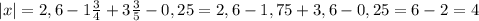 |x| = 2,6 - 1 \frac{3}{4} + 3 \frac{3}{5} - 0,25 = 2,6 - 1,75 + 3,6 - 0,25 = 6-2 = 4