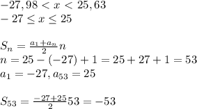 -27,98\ \textless \ x\ \textless \ 25,63 \\ -27 \leq x \leq 25 \\ \\ S_{n}= \frac{ a_{1}+ a_{n} }{2}n \\ n= 25-(-27)+1=25+27+1=53\\ a_{1} =-27, a_{53} =25 \\ \\ S_{53}= \frac{ -27+ 25}{2}53=-53