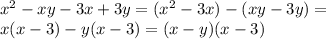 x^2-xy-3x+3y= (x^2-3x)-(xy-3y)= \\ x(x-3)-y(x-3)=(x-y)(x-3)