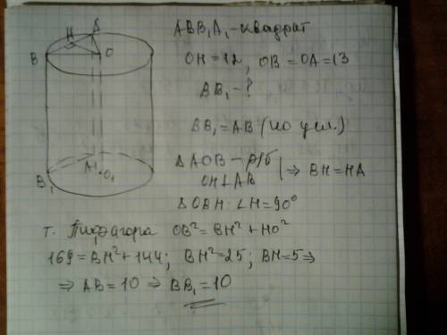 Плоскость , параллельная оси цилиндра, пересекает цилиндр так , что в сечении получается квадрат . н