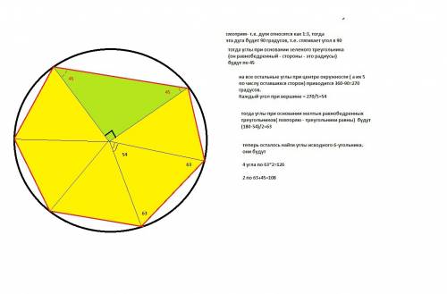 Одна сторона шестиугольника,вписанного в окружность,делит её на две дуги в отношении 1: 3, а остальн