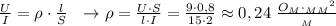 \frac{U}{I}=\rho\cdot \frac{l}{S} \ \ \rightarrow \rho = \frac{U\cdot S}{l\cdot I} = \frac{9\cdot 0,8}{15\cdot 2}\approx 0,24 \ \frac{O_M\cdot _M{_M}^2}{_M}