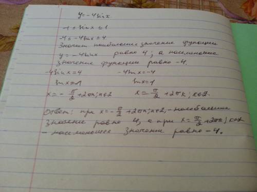 Наибольшее и наименьшее значение функции и при каких значениях х оно достигается y=-4sinx