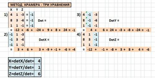 Пользуясь формулами крамеля решить сист, уровнений ; 4x+y-3z=-1; 8x+3y-6z=-1; x+y-z=-1