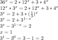 36^x=2*12^x+3*4^x \\ &#10;12^x*3^x=2*12^x+3*4^x \\ &#10;3^x=2+3* (\frac{1}{3})^x \\ &#10;3^x=2+3^{1-x} \\ 3^x-3^{1-x} =2 \\ x=1 \\ &#10;3^1-3^0=3-1=2