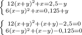 \left \{ {{12(x+y)^{2}+x=2,5-y } \atop {6(x-y)^{2}+x }=0,125+y} \right. \\\\\left \{ {{12(x+y)^{2} +(x+y)-2,5=0} \atop {6(x-y)^{2}+(x-y)-0,125=0 }} \right.