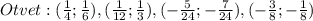 Otvet:(\frac{1}{4};\frac{1}{6}),(\frac{1}{12};\frac{1}{3}),(-\frac{5}{24};-\frac{7}{24}),(-\frac{3}{8};-\frac{1}{8})
