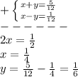 +\left \{ {{x+y=\frac{5}{12} } \atop {x-y=\frac{1}{12} }} \right.\\ ------\\2x=\frac{1}{2}\\x=\frac{1}{4}\\y=\frac{5}{12}-\frac{1}{4}=\frac{1}{6}