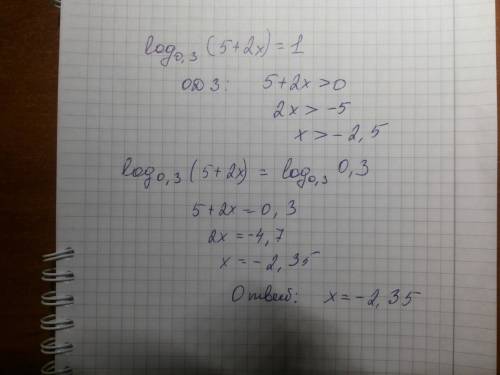 Решить логарифмическое уравнение log₀,₃(5+2*x) = 1 желательно с объяснениями