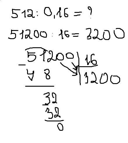 Как разделить 512 на 0,16 в столбик