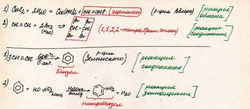 Осуществите цепочку превращений cac=> c2h2=> chbr2-chbr2 cac=> c2h2=> c6h6=> c6h5no2